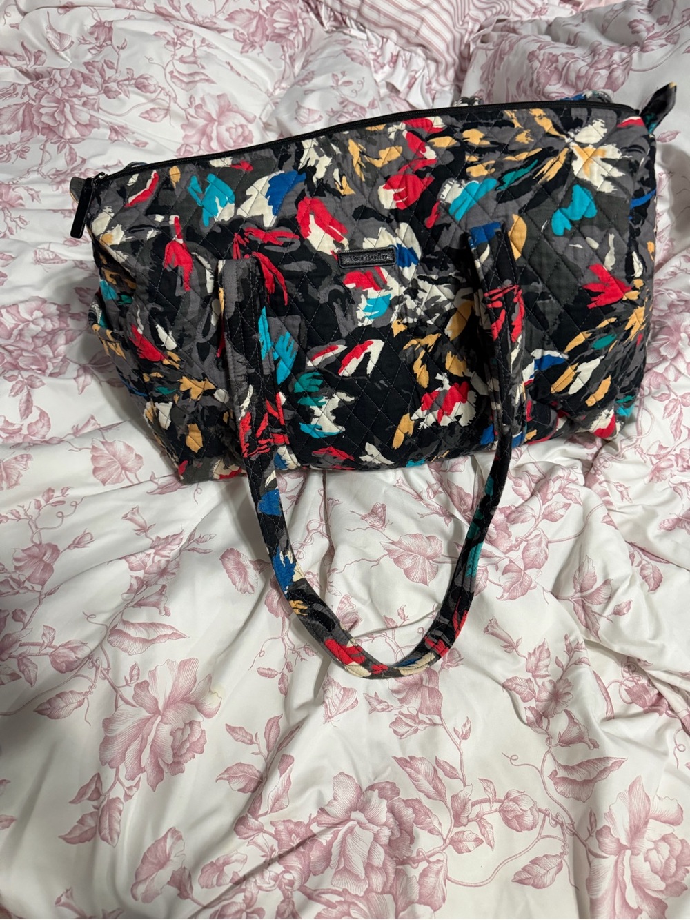 Vera Bradley Quilted Black Tote with Red, Blue, Teal & Gold Floral Accents